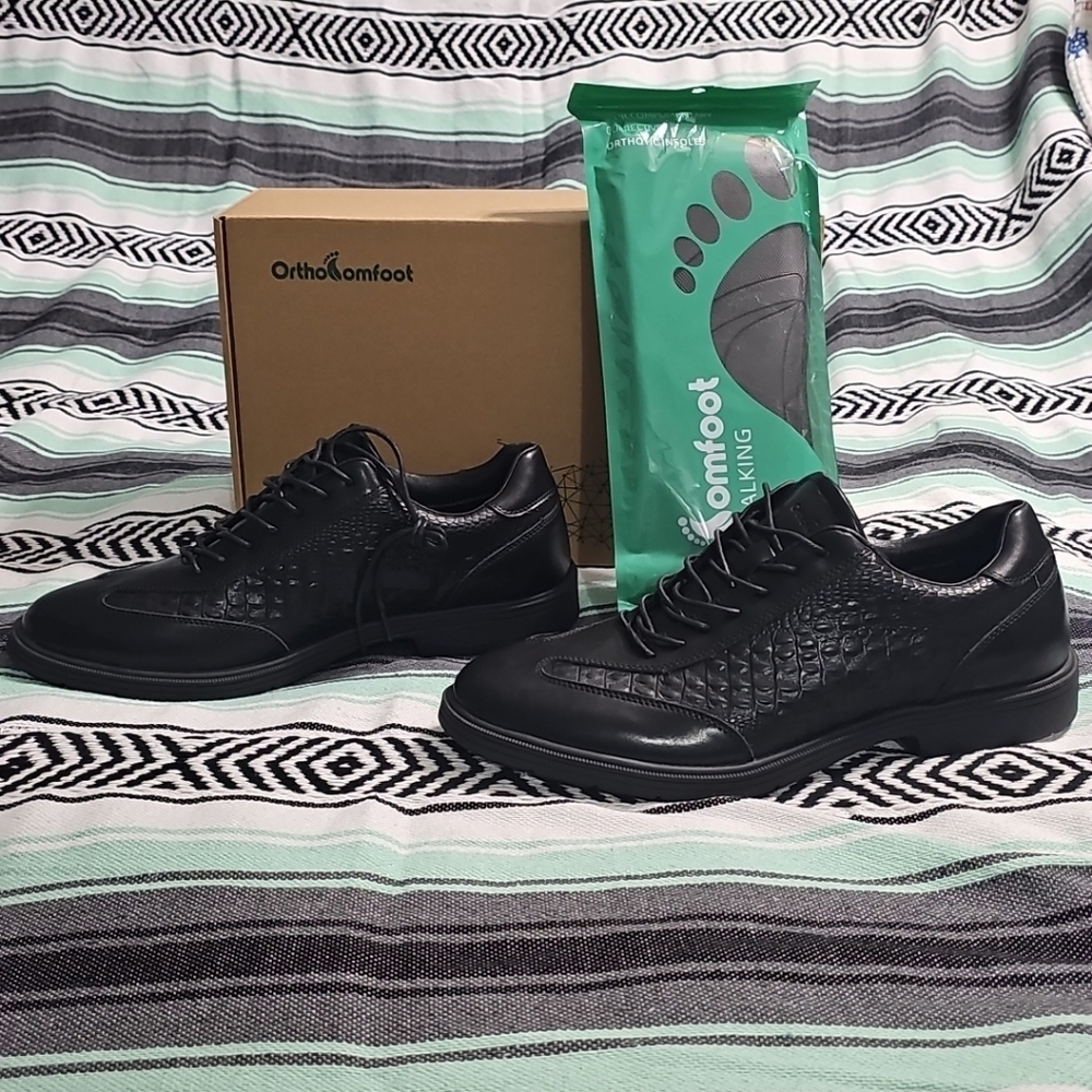 OrthoComfoot Black Leather Lace-Up OFLK03B Croc Print Oxfords‎ Mens 46/ 12 NEW